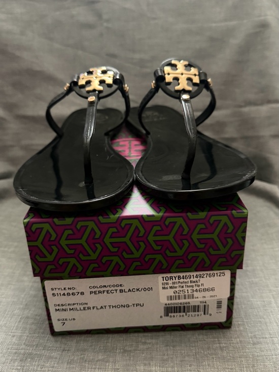Tory Burch Shoes - Tory Burch Black Patent Mini Miller Thong Sandal with Gold Logo